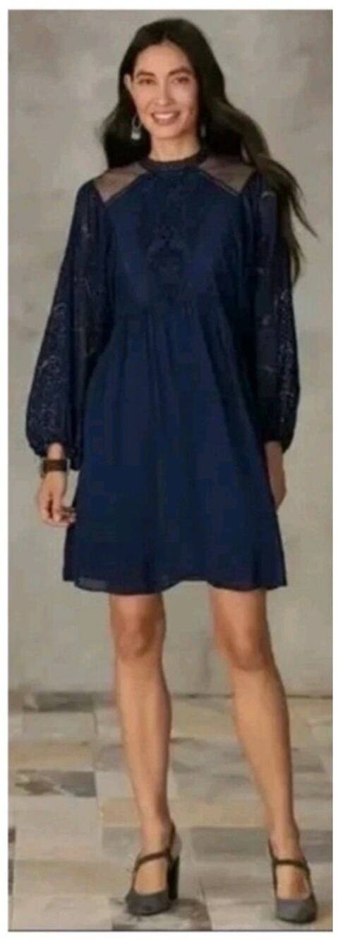 Sundance Navy Blue Lace Long Sleeve Short Dress Medium Petite New Boho Chic